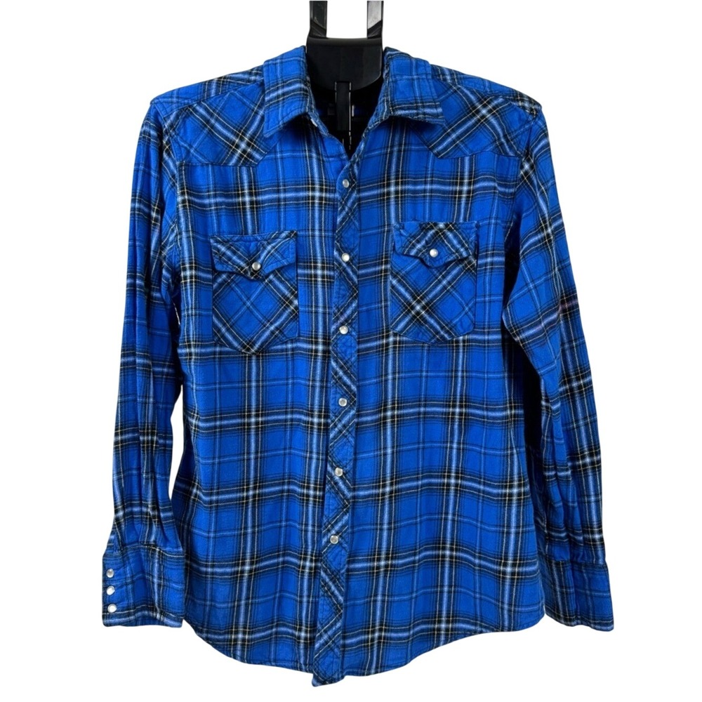 Wrangler Western Shirt Blue Plaid Pearl Snap Button Down Size Large